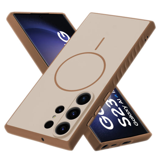 Matte Silicone Dual Color Back Cover with Metal Buttons & Ring Design for Samsung S23 Ultra 5G