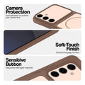 Brown phone case for Samsung S24 FE 5G showing camera safety edges, anti slip side grip and easy press button covers.