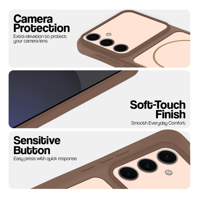 Brown phone case for Samsung S24 FE 5G showing camera safety edges, anti slip side grip and easy press button covers.