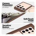 Brown phone case for Samsung S24 Ultra 5G showing camera safety edges, anti slip side grip and easy press button covers.