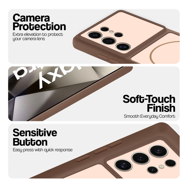 Brown phone case for Samsung S24 Ultra 5G showing camera safety edges, anti slip side grip and easy press button covers.