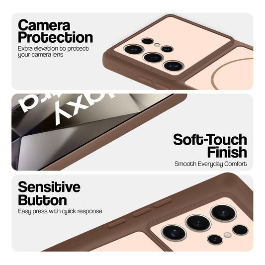 Brown phone case for Samsung S24 Ultra 5G showing camera safety edges, anti slip side grip and easy press button covers.