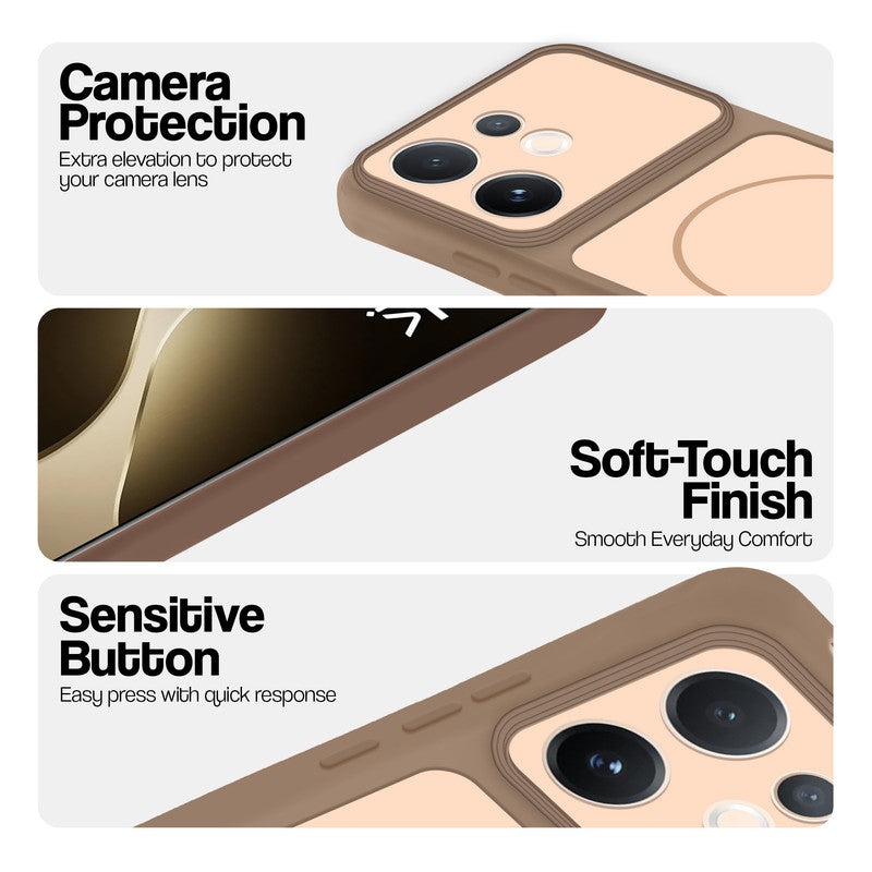 Brown phone case for Vivo T4 Pro 5G showing camera safety edges, anti slip side grip and easy press button covers.