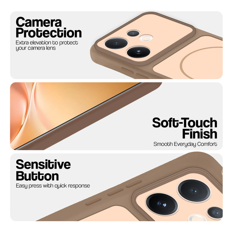 Brown phone case for Vivo V60 5G showing camera safety edges, anti slip side grip and easy press button covers.