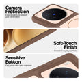 Brown phone case for Vivo X300 Pro 5G showing camera safety edges, anti slip side grip and easy press button covers.