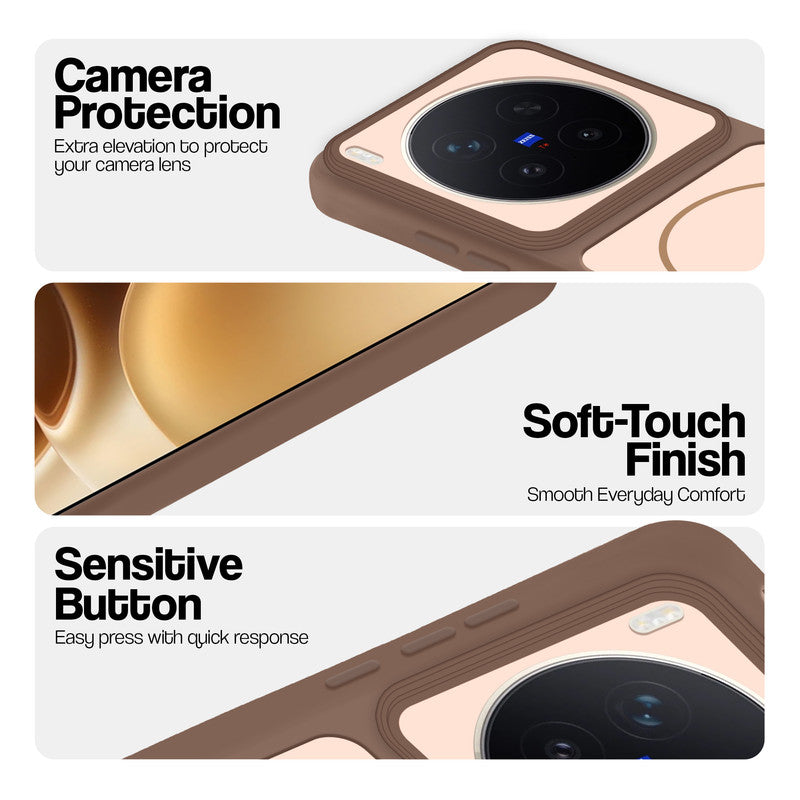 Brown phone case for Vivo X300 Pro 5G showing camera safety edges, anti slip side grip and easy press button covers.