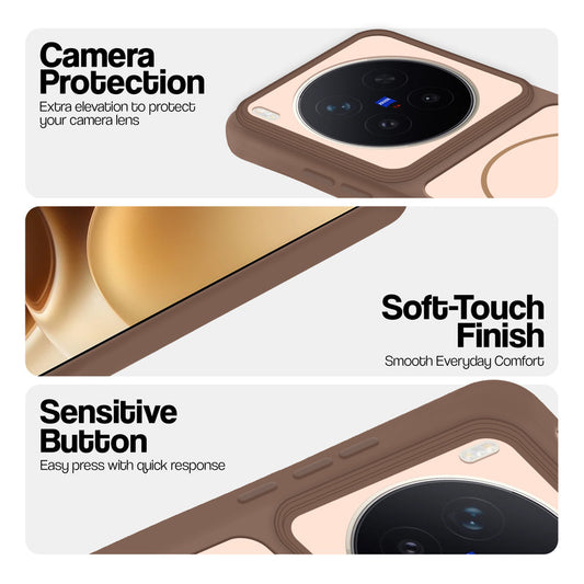 Brown phone case for Vivo X300 Pro 5G showing camera safety edges, anti slip side grip and easy press button covers.