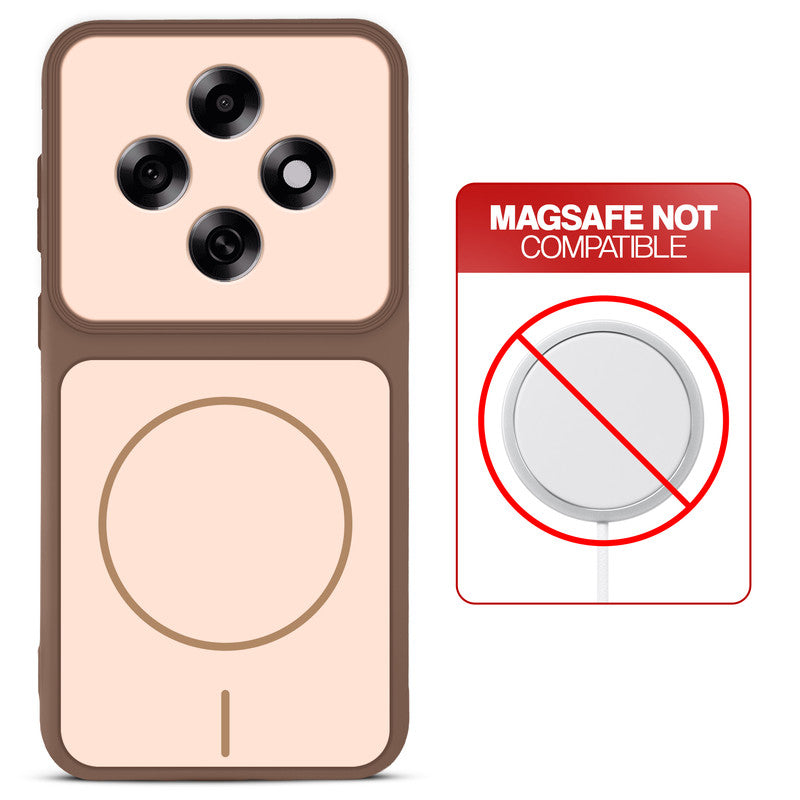 Brown back cover for Oppo F31 Pro 5G with printed ring pattern and message showing not compatible with MagSafe charging.