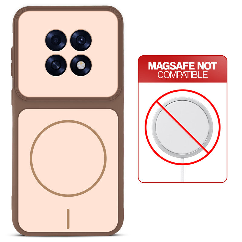 Brown back cover for Oppo F31 Pro Plus 5G with printed ring pattern and message showing not compatible with MagSafe charging.
