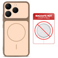 Brown back cover for Realme 15T 5Gwith printed ring pattern and message showing not compatible with MagSafe charging.