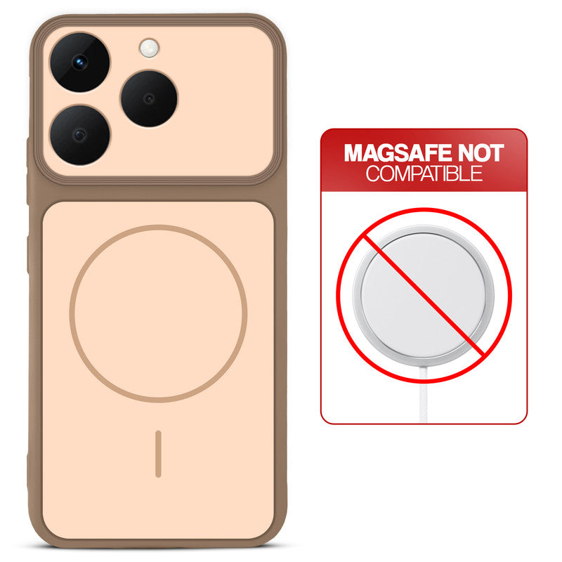 Brown back cover for Realme 15T 5Gwith printed ring pattern and message showing not compatible with MagSafe charging.