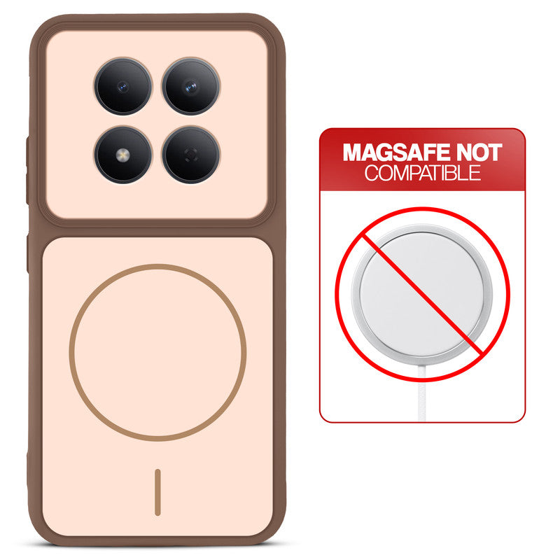Brown back cover for Redmi Note 15 Pro 5G with printed ring pattern and message showing not compatible with MagSafe charging.