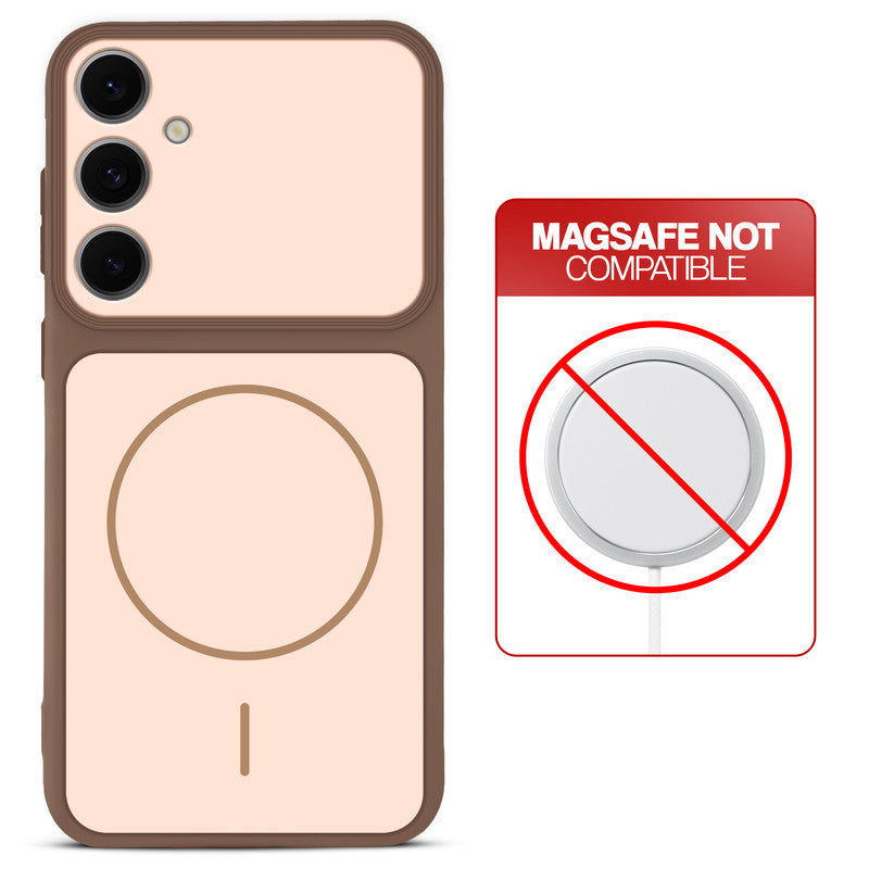 Brown back cover for Samsung S24 FE 5G with printed ring pattern and message showing not compatible with MagSafe charging.