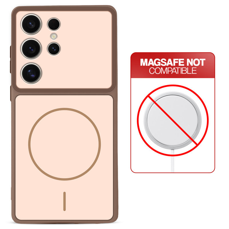 Brown back cover for Samsung S24 Ultra 5G with printed ring pattern and message showing not compatible with MagSafe charging.