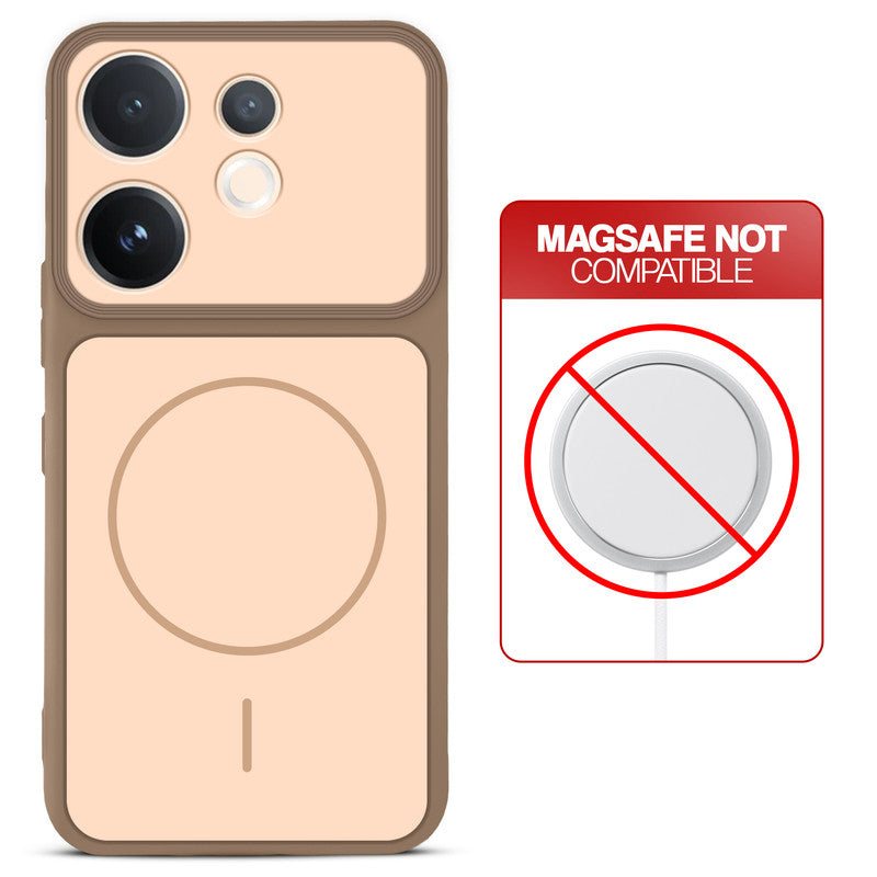 Brown back cover for Vivo T4 Pro 5G with printed ring pattern and message showing not compatible with MagSafe charging.