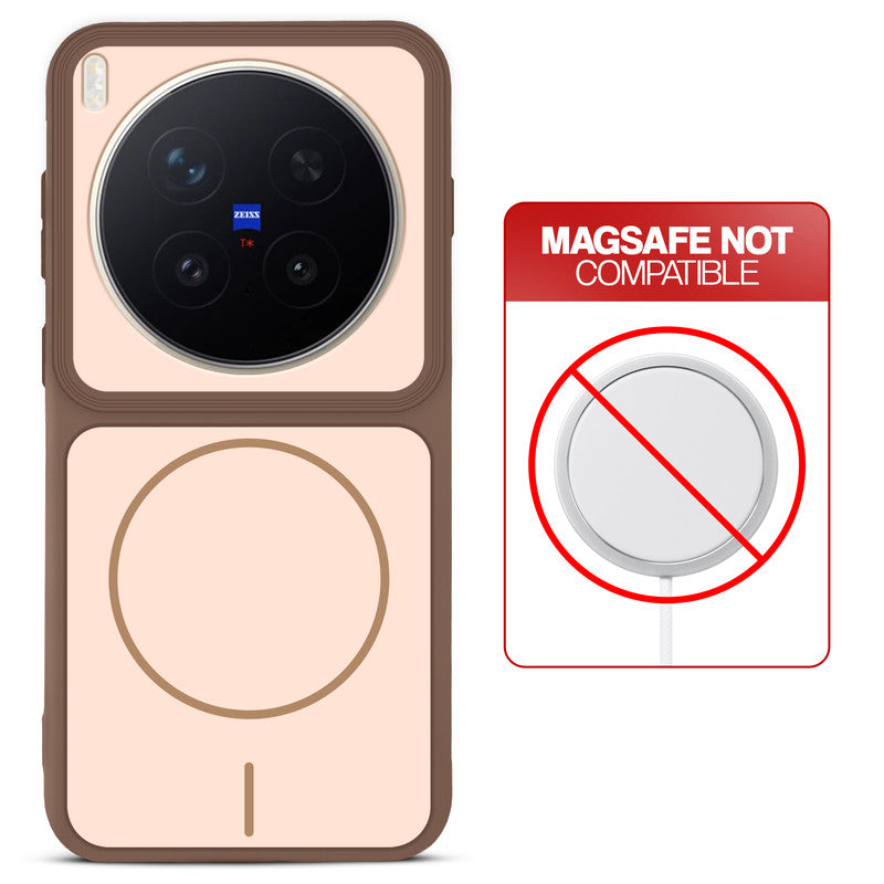 Brown back cover for Vivo X300 Pro 5G with printed ring pattern and message showing not compatible with MagSafe charging.