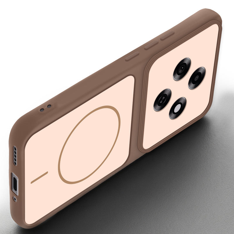 Angled view of Brown mobile case for Oppo F31 Pro 5G with proper charging port cutout, speaker holes and strong corner protection.