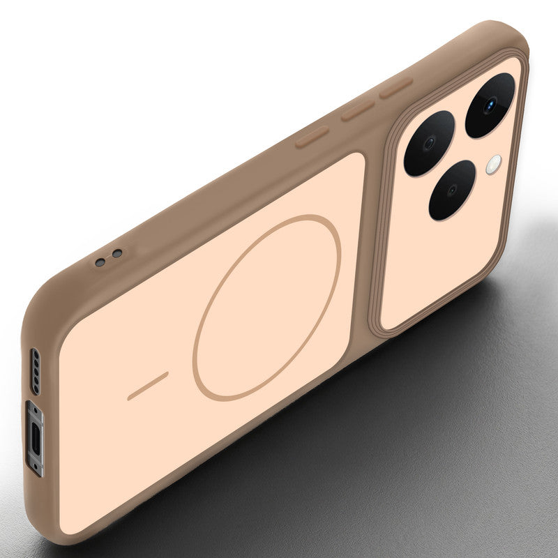 Angled view of Brown mobile case for Realme 15T 5Gwith proper charging port cutout, speaker holes and strong corner protection.