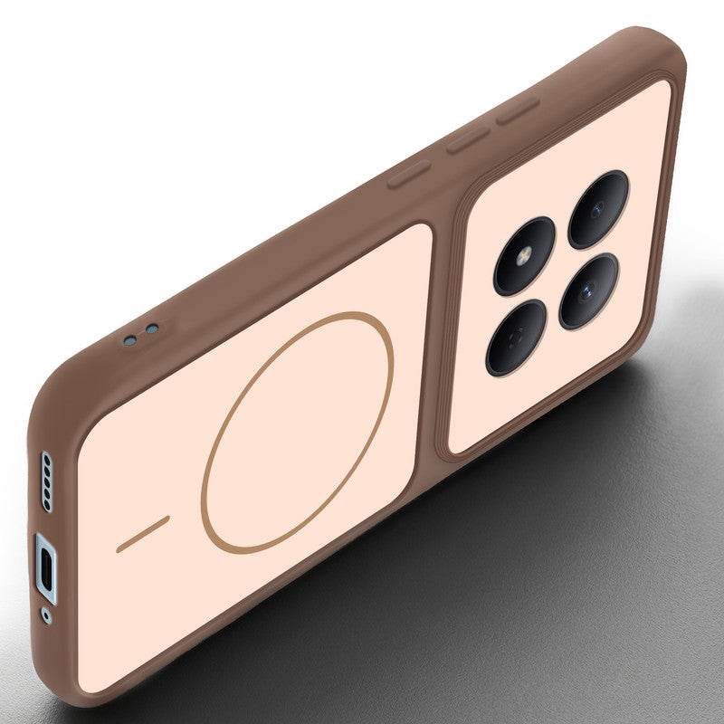 Angled view of Brown mobile case for Redmi Note 15 Pro 5G with proper charging port cutout, speaker holes and strong corner protection.