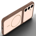 Angled view of Brown mobile case for Samsung S24 FE 5G with proper charging port cutout, speaker holes and strong corner protection.