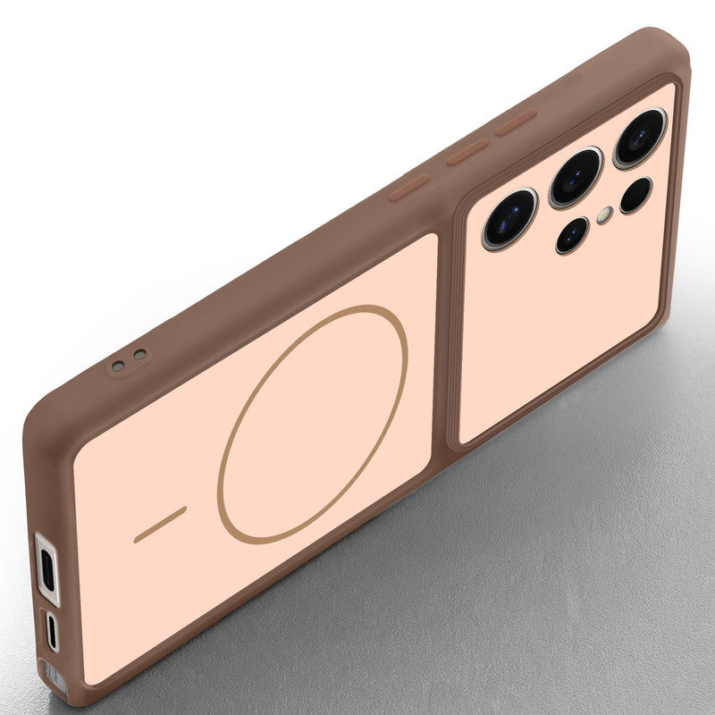 Angled view of Brown mobile case for Samsung S24 Ultra 5G with proper charging port cutout, speaker holes and strong corner protection.