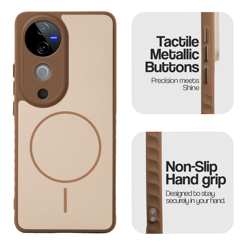 Matte Silicone Dual Color Back Cover with Metal Buttons & Ring Design for Vivo V40 5G