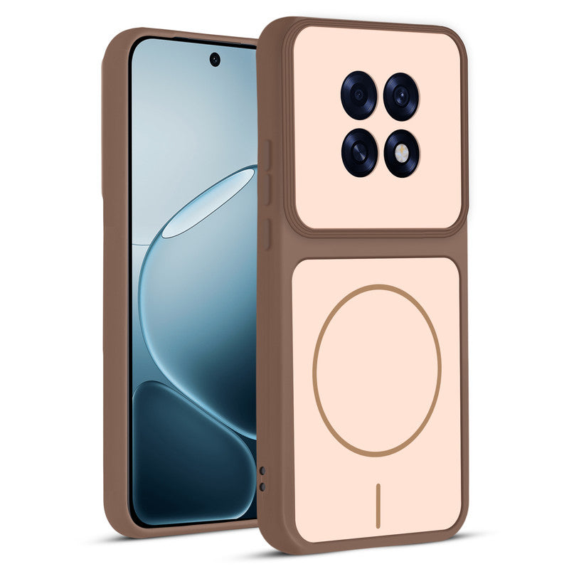 Front and back view of Brown protective back cover for Oppo F31 Pro Plus 5G with textured sides, camera guard and slim fit design.