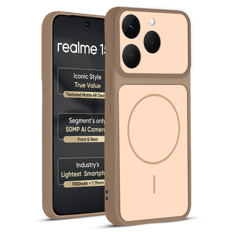 Front and back view of Brown protective back cover for Realme 15T 5Gwith textured sides, camera guard and slim fit design.