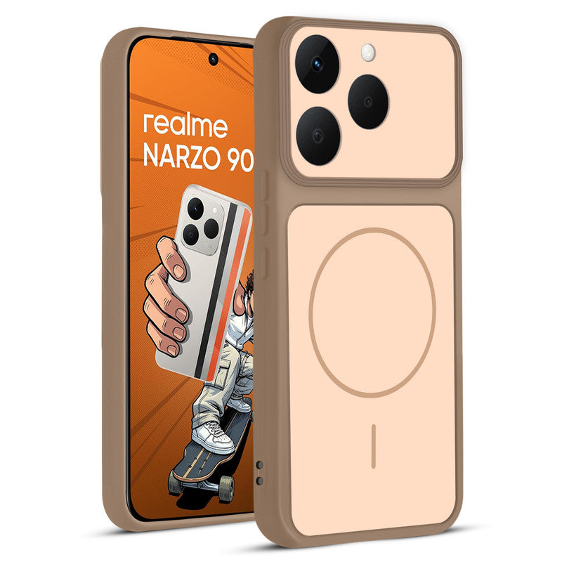 Front and back view of Brown protective back cover for Realme Narzo 90 5G with textured sides, camera guard and slim fit design.