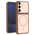 Front and back view of Brown protective back cover for Samsung S24 FE 5G with textured sides, camera guard and slim fit design.