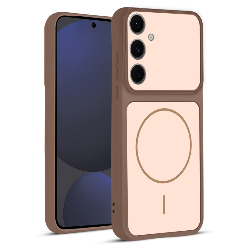 Front and back view of Brown protective back cover for Samsung S24 FE 5G with textured sides, camera guard and slim fit design.