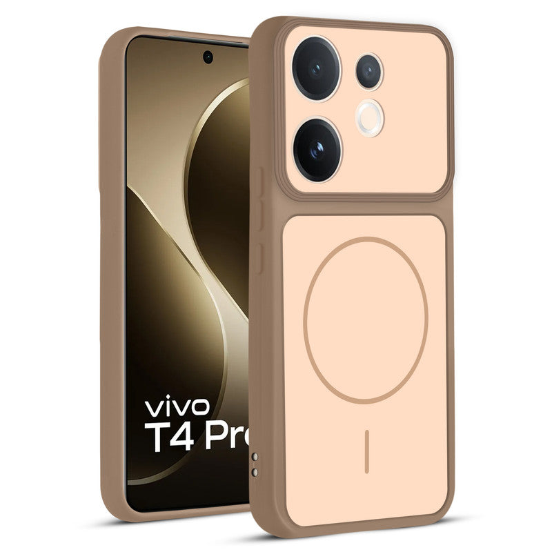 Front and back view of Brown protective back cover for Vivo T4 Pro 5G with textured sides, camera guard and slim fit design.