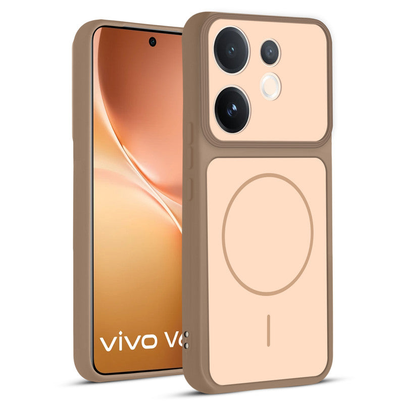 Front and back view of Brown protective back cover for Vivo V60 5G with textured sides, camera guard and slim fit design.
