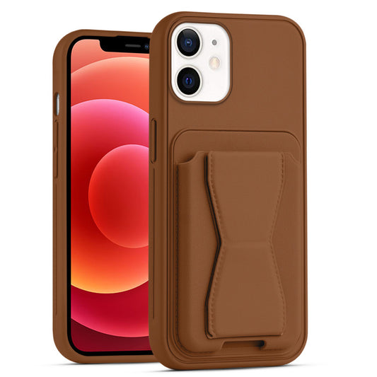 All in One Premium Leather Back Cover for Apple iPhone 12 with Card Slot & Foldable Grip Holder