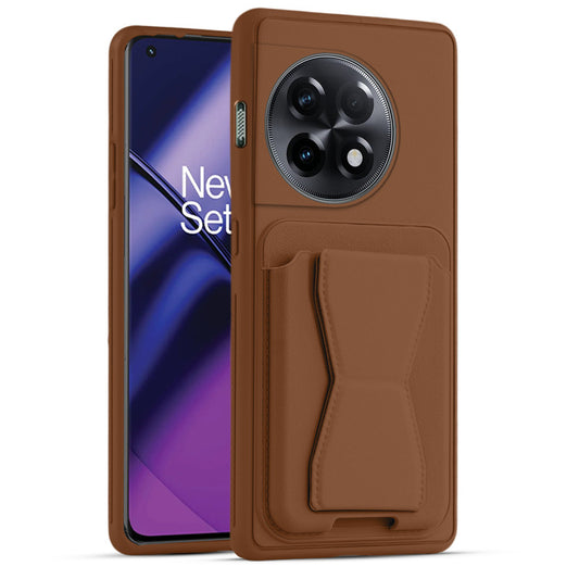 All in One Premium Leather Back Cover for OnePlus 11R 5G with Card Slot & Foldable Grip Holder