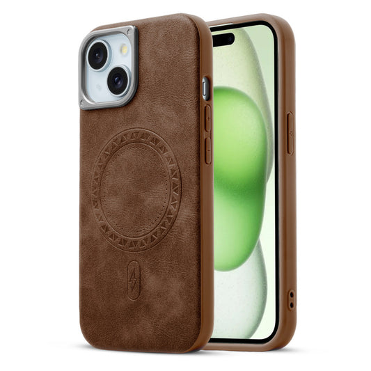 Alloy Camera Ring Faux Leather Back Case for Apple iPhone 15 Plus , Hard Shell with MagSafe Support