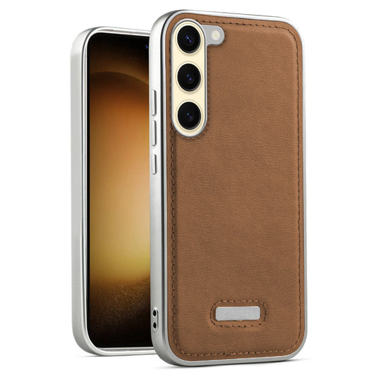 Sophisticated Leather Cover for Samsung S23 5G with Shiny Silver Edges, Stitched Back Design & Hard Shell Protection