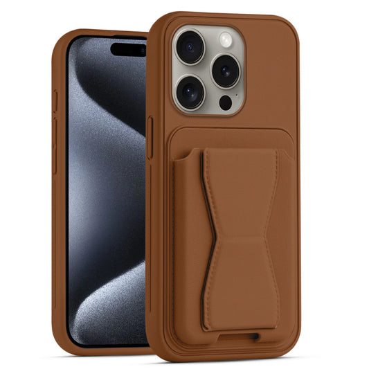 All in One Premium Leather Back Cover for Apple iPhone 15 Pro with Card Slot & Foldable Grip Holder