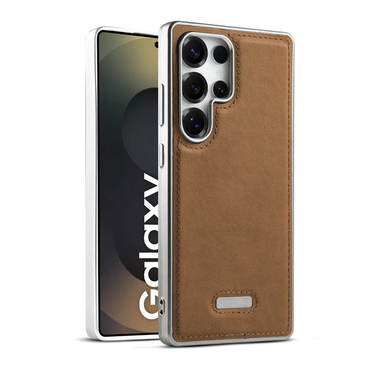 Sophisticated Leather Cover for Samsung S25 Ultra 5G with Shiny Silver Edges, Stitched Back Design & Hard Shell Protection