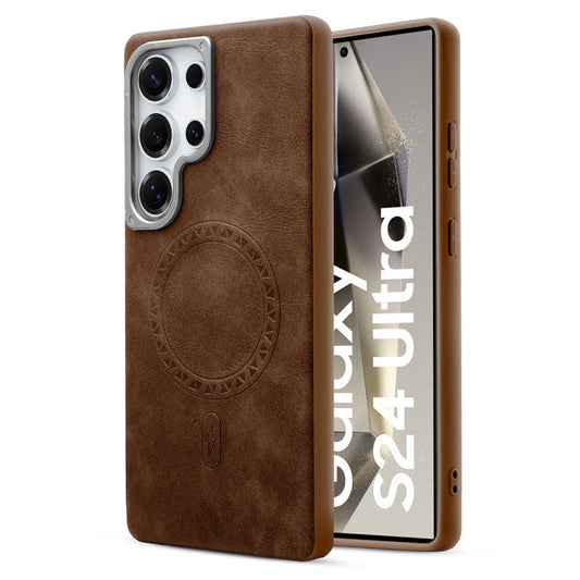 Alloy Camera Ring Faux Leather Back Case for Samsung S24 Ultra 5G , Hard Shell with MagSafe Support