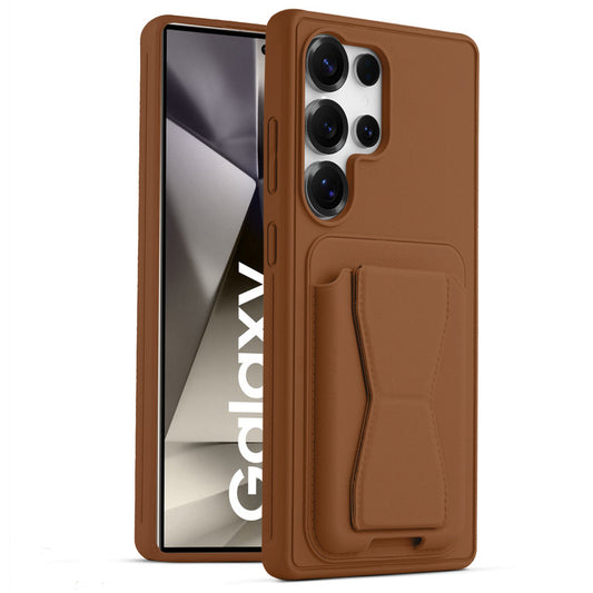 All in One Premium Leather Back Cover for Samsung S24 Ultra 5G with Card Slot & Foldable Grip Holder
