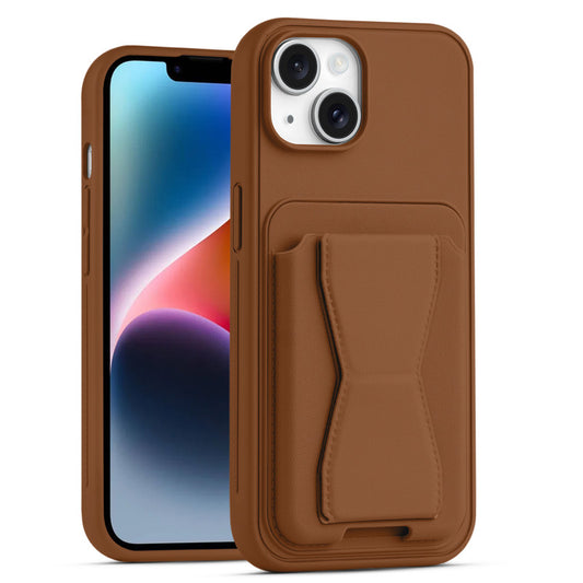 All in One Premium Leather Back Cover for Apple iPhone 14 with Card Slot & Foldable Grip Holder