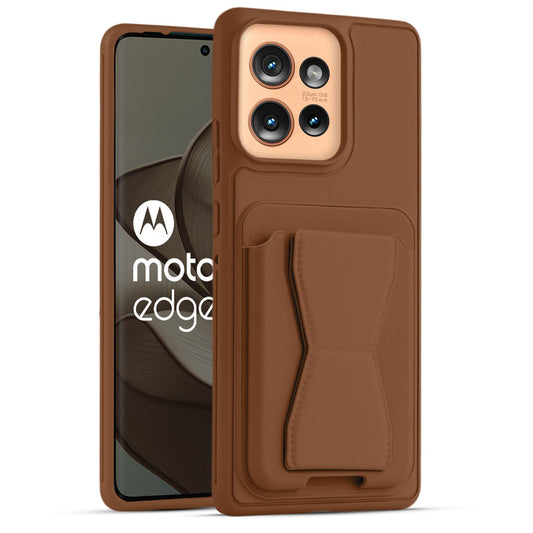 All in One Premium Leather Back Cover for Motorola Moto Edge 50 5G with Card Slot & Foldable Grip Holder