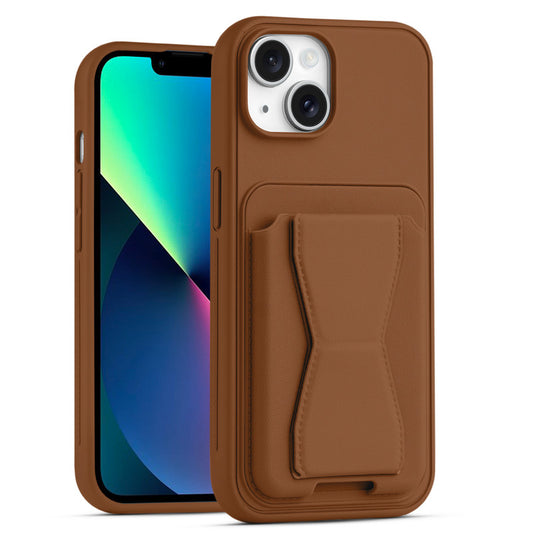 All in One Premium Leather Back Cover for Apple iPhone 13 with Card Slot & Foldable Grip Holder