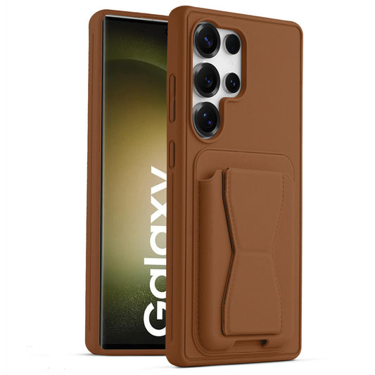 All in One Premium Leather Back Cover for Samsung S23 Ultra 5G with Card Slot & Foldable Grip Holder