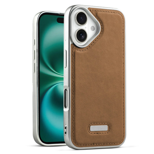 Sophisticated Leather Cover for Apple iPhone 16 with Shiny Silver Edges, Stitched Back Design & Hard Shell Protection