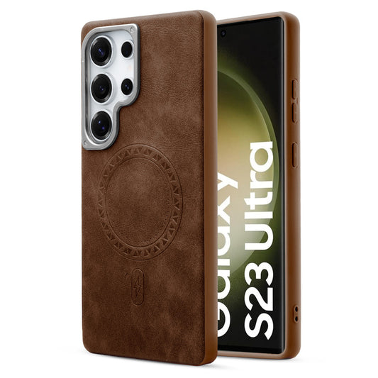 Alloy Camera Ring Faux Leather Back Case for Samsung S23 Ultra 5G , Hard Shell with MagSafe Support