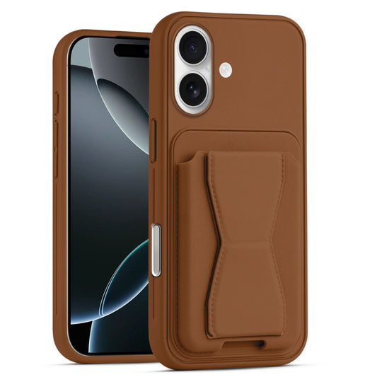 All in One Premium Leather Back Cover for Apple iPhone 16 with Card Slot & Foldable Grip Holder