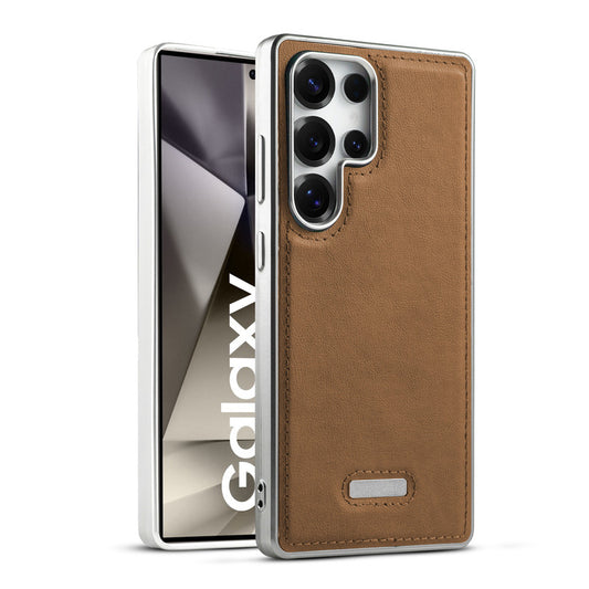 Sophisticated Leather Cover for Samsung S24 Ultra 5G with Shiny Silver Edges, Stitched Back Design & Hard Shell Protection