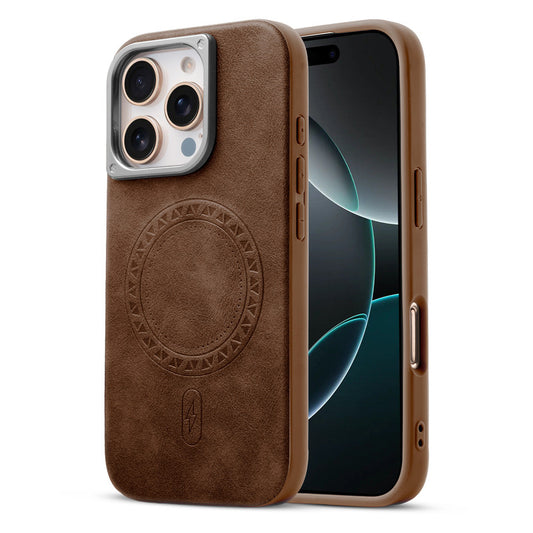 Alloy Camera Ring Faux Leather Back Case for Apple iphone 16 Pro Max , Hard Shell with MagSafe Support
